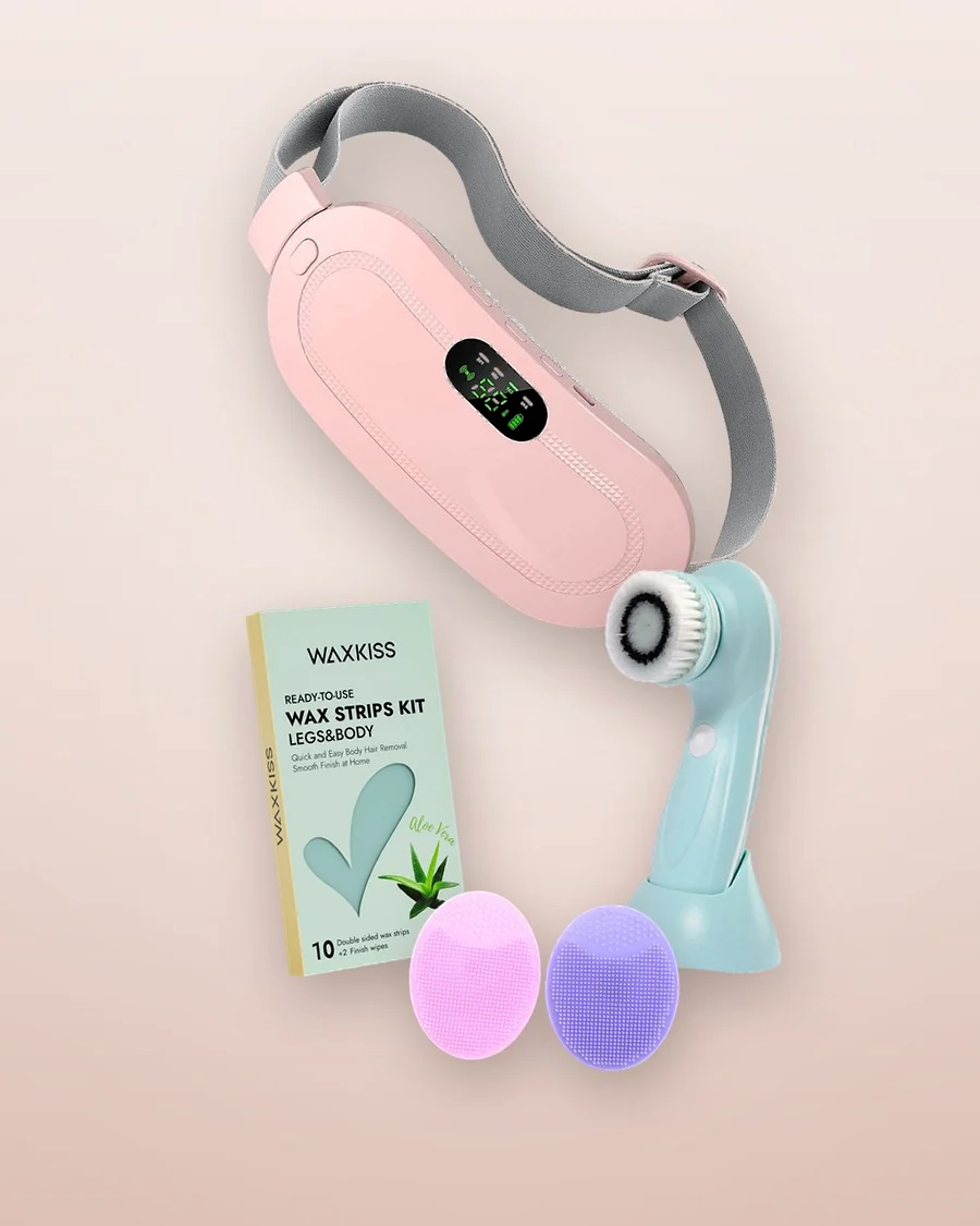Self-care favourites: the cramps relief belt, wax strips, a cleansing brush and silicone pads